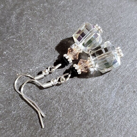 Faceted Czech Crystal Clear Pink Black Silver Cube and Bicone Earrings - Picture 8 of 9